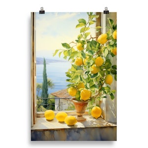 Lemon Window View Watercolor Painting | Adriatic Sea Art | Watercolor Citrus Print | Dubrovnik Coastal Decor | Mediterranean Lemons Wall Art