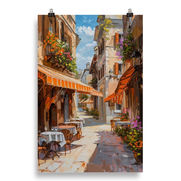 Dubrovnik Street Scene | Oil Painting Poster | Cafe Decor | Flower Balconies | Wall Art | Home Decor | Travel Poster | Print On Demand