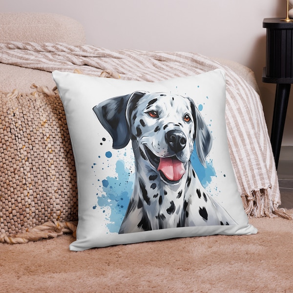 Oreiller | Oreiller d’accent d’aquarelle de chien dalmatien | Décoration d'intérieur, douce et lavable, cadeau pour les amoureux des chiens | Fermeture éclair cachée | Lavable en machine