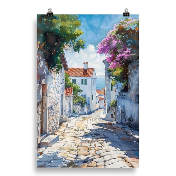 Mediterranean Coastal Street | Watercolor Poster | Cobblestone Village Art Print | Wall Art | Home Decor | Mediterranean Art | Travel Poster