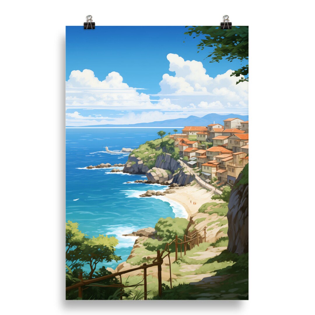 Serene Ocean View Village Illustration | Watercolor Style | Photo ...
