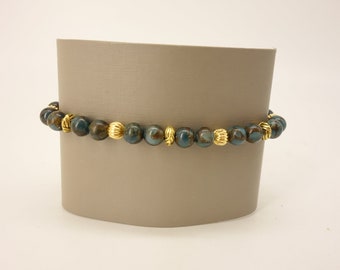 Green & Brown Stone Beaded Stretch Bracelet with Gold-tone Accents
