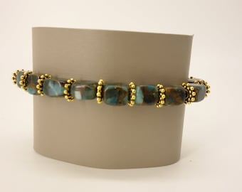 Green & Brown Stone Beaded Stretch Bracelet with Gold-tone Accents