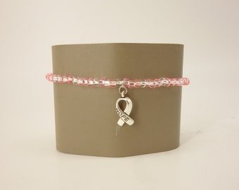 Iridescent Pink Beaded Stretch Bracelet with Silver-tone Breast Cancer Awareness Hope Ribbon Charm
