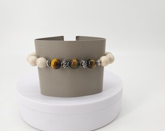 Tigers Eye Brown & Cream Stone Beaded Stretch Bracelet with Silver-tone Accents
