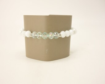 Pale Green and White Multi-faceted Crystal Beaded Stretch Bracelet with Silver-tone Accents