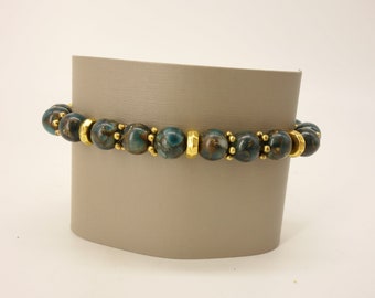 Green & Brown Stone Beaded Stretch Bracelet with Gold-tone Accents