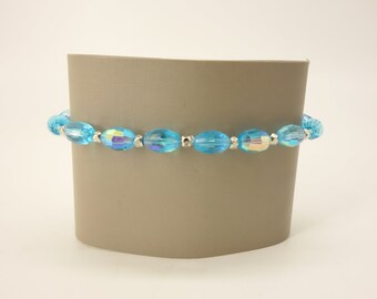 Iridescent Turquoise Glass Beaded Stretch Bracelet with Silver-tone Accents