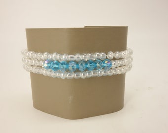 Teal and Iridescent Glass Beaded 3 Strand Stretch Bracelet