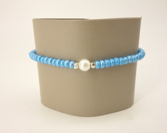 Iridescent Periwinkle Blue Glass Seed Bead Stretch Bracelet with Siver-tone and Pearl Accent