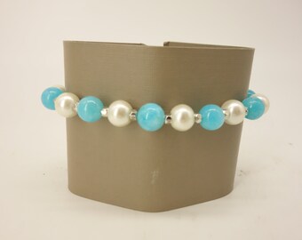 Turquoise and Pearl Glass Beaded Bracelet with Silver-tone Accents Lobster Claw Closure