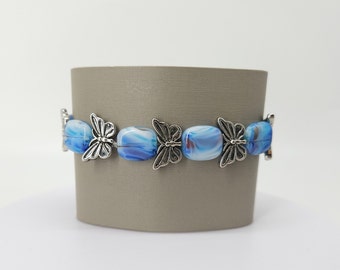 Blue Marbled Glass Butterfly Bracelet, Silver-tone Accents