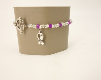 Silver-tone and Magenta Crystal Beaded Bracelet with Cancer Hope Ribbon Awareness Charm