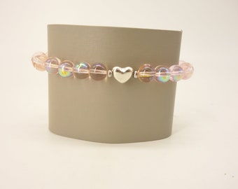 Iridescent Pink Glass Bead Stretch Bracelet with Silver-tone Heart Accent