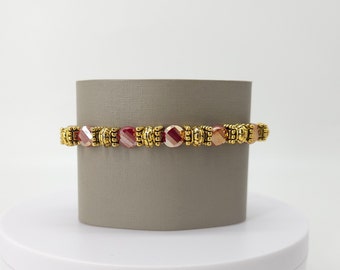 Iridescent Red Glass Beaded Stretch Bracelet with Gold-tone Accents