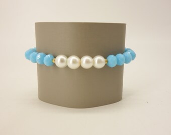 Sky Blue and Pearl Glass Beaded Stretch Bracelet with Gold-tone Accents