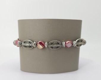 Iridescent Red Glass Beaded Stretch Bracelet with Silver-tone Accents