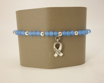 Sky Blue and Silver-tone Beaded Stretch Bracelet with Cancer Awareness Hope Ribbon Charm
