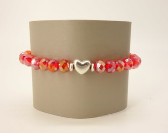 Iridescent Red Faceted Glass Bead Stretch Bracelet with Silver-tone Heart Accent