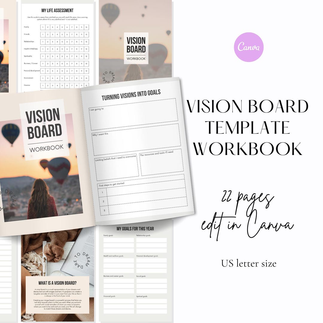 Vision Board Workbook Canva Template | Editable Vision Board Planner ...