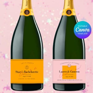 May include: Two champagne bottles with custom labels. One label is orange and reads "Stacy's Bachelorette" with event details. The other is pink and says "Congratulations Lauren & Cameron." Both bottles have gold foil tops.