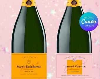 Plantilla editable para etiquetas de botellas de champán / Edita en Canva, Imprimible / Boda, Despedida de soltera, Regalo personalizado / Descarga instantánea / Rosa y naranja