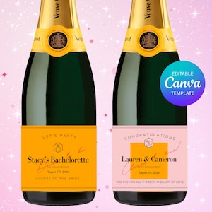 Könnte beinhalten: Zwei Champagnerflaschen mit individuellen Etiketten. Auf einem Etikett steht "Stacy's Bachelorette" mit Veranstaltungsdetails. Auf dem anderen steht "Herzlichen Glückwunsch Lauren & Cameron" mit Verlobungsdetails.
