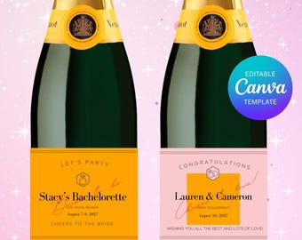 Bearbeitbare Champagnerflaschen-Etikettenvorlage | Bearbeiten in Canva, Printable | Hochzeit, Bachelorette, individuelles Geschenk | Sofortdownload | Pink & Orange