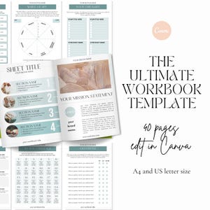 Op de afbeelding: Een werkboek sjabloon met een witte achtergrond en teal accenten. De cover leest "The Ultimate Workbook Template" met "40 pages edit in Canva" eronder. Pagina's bevatten checklists, een missieverklaring en een 30-daagse challenge.