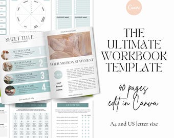 May include: A workbook template with a white background and teal accents. The cover reads "The Ultimate Workbook Template" with "40 pages edit in Canva" below. Pages include checklists, a mission statement, and a 30-day challenge.