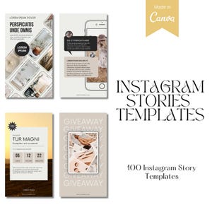 Może przedstawiać: Zestaw szablonów Instagram Stories w minimalistycznym stylu. Szablony zawierają różne układy z tekstem i obrazami zastępczymi, w tym motyw rozdania i licznik czasu. Projekt jest czysty i nowoczesny, z neutralną paletą kolorów.