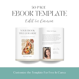 Puede incluir: Una plantilla de libro electrónico de 50 páginas con fondo blanco y texto negro. La portada presenta una foto de fruta en un tazón y el texto "Tu título de libro electrónico va aquí" y "Tu subtítulo va aquí". La página interior presenta una foto de una mujer y el texto "Hola, soy Name" y "Your Name, Fundador de @yourhandle".