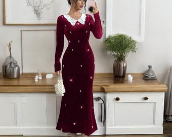 Velvet dress | Burgundy long dress | long-sleeve mermaid gown | Perfect for Holiday Parties, Winter Weddings & Special Occasions