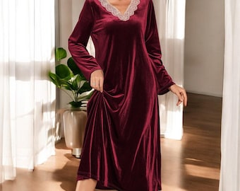 Palace Nights Nightgown Vintage Inspired Summer Nightgown Loose White Long Sleepwear V-Neck Velvet Dress Elastic Sleeves