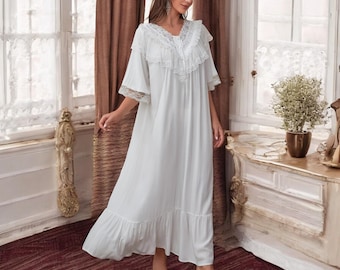 Ruffled Victorian Nightgown Vintage Inspired Summer Nightgown Loose White Long Sleepwear Ruffled Neckline Dress Elastic Sleeves