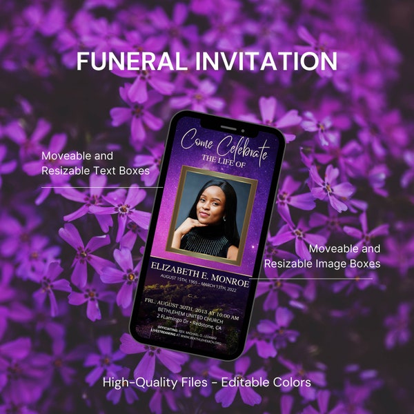 Elegant Digital Funeral Invitation Template: A Canva Memorial and Funeral Invite Design with Digital Photo Options