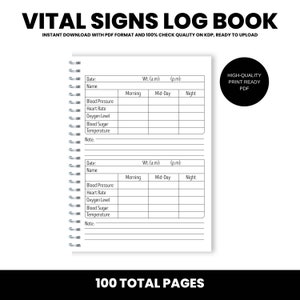 Peut inclure: Un carnet de suivi des signes vitaux imprimable en noir et blanc. Le carnet comporte des sections pour la date, le nom, le poids, la tension artérielle, la fréquence cardiaque, le taux d'oxygène, la glycémie, la température et des notes. Le carnet comporte deux pages affichées, chacune avec un tableau pour enregistrer les signes vitaux le matin, le midi et le soir. Le carnet est intitulé "Carnet de suivi des signes vitaux" et "100 pages au total".