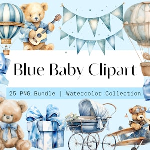Aquarelle bleu bébé clipart, clipart baby shower, clipart ours en peluche, clipart nounours mignon, pour un garçon, ours en peluche pour chambre d'enfant, vintage, ours
