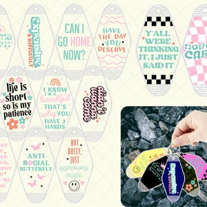 Set of 12 Sarcastic Motel Keychain SVGs and PNGs Bundle - Retro, Sassy, Funny Keychain Designs with 15 Bonus Quotes