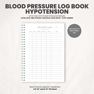 Printable Blood Pressure Log Book, Hypertension & Hypotension Tracker, Heart Rate Monitor