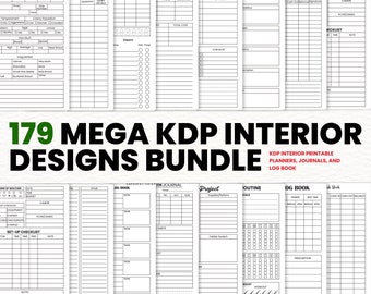 May include: A collection of 179 printable planner, journal, and log book designs. The designs are black and white and feature various layouts and sections for different purposes. The designs are perfect for creating custom planners, journals, and log books.