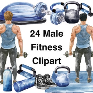 Male Fitness Clipart Gym Workout Digital Design Hand-drawn Watercolor Illustrations 24 Exercise Images Weight Lifting Enthusiasts Scrapbook