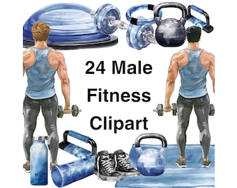 Akwarelowe grafiki fitness dla mężczyzn: 24 ilustracje ćwiczeń na siłowni (projekt cyfrowy)