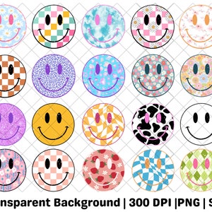 Retro Distressed Smily Face PNG & SVG Bundle: 20 Designs Each in 300 DPI, Includes Checkered Daisy, Groovy Flower, Happy Face Art