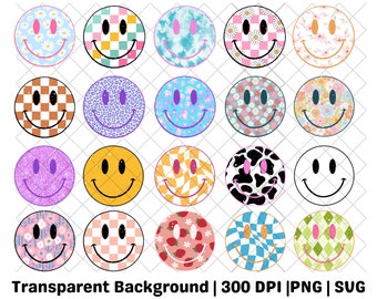 Smiley Face PNG Bundle, Retro Happy Face SVG, Daisy Distressed Groovy Checkered Design Digital Download