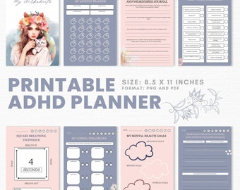 Planer ADHD do druku: dzienny, tygodniowy, miesięczny, cel, kondycja, dbanie o siebie (PNG i PDF)