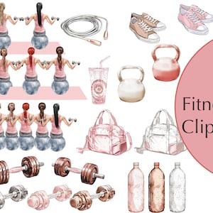 Gym Fitness Clipart Workout Digital Design Hand-drawn Watercolor Illustrations 26 Girl Fun Exercise Images Fitness Enthusiasts Scrapbook