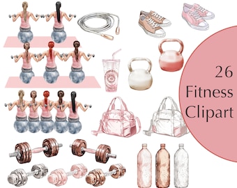 Clipart z akwarelami fitness: Ręcznie rysowane ilustracje ćwiczeń (26 obrazów) (pobieranie cyfrowe)