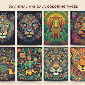 Printable Animal Mandala Coloring Book - 100 Grayscale Pages, Adult & Kids Coloring Pages, Digital Art, Hobby