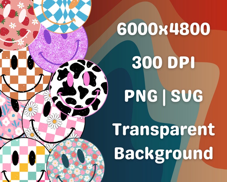 Smiley Face PNG Bundle, Retro Happy Face SVG, Daisy Distressed Groovy ...